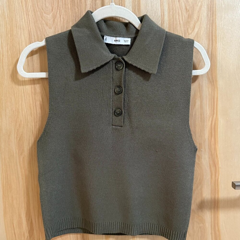 MANGO Knitted Green Sweater Vest with Button Collar